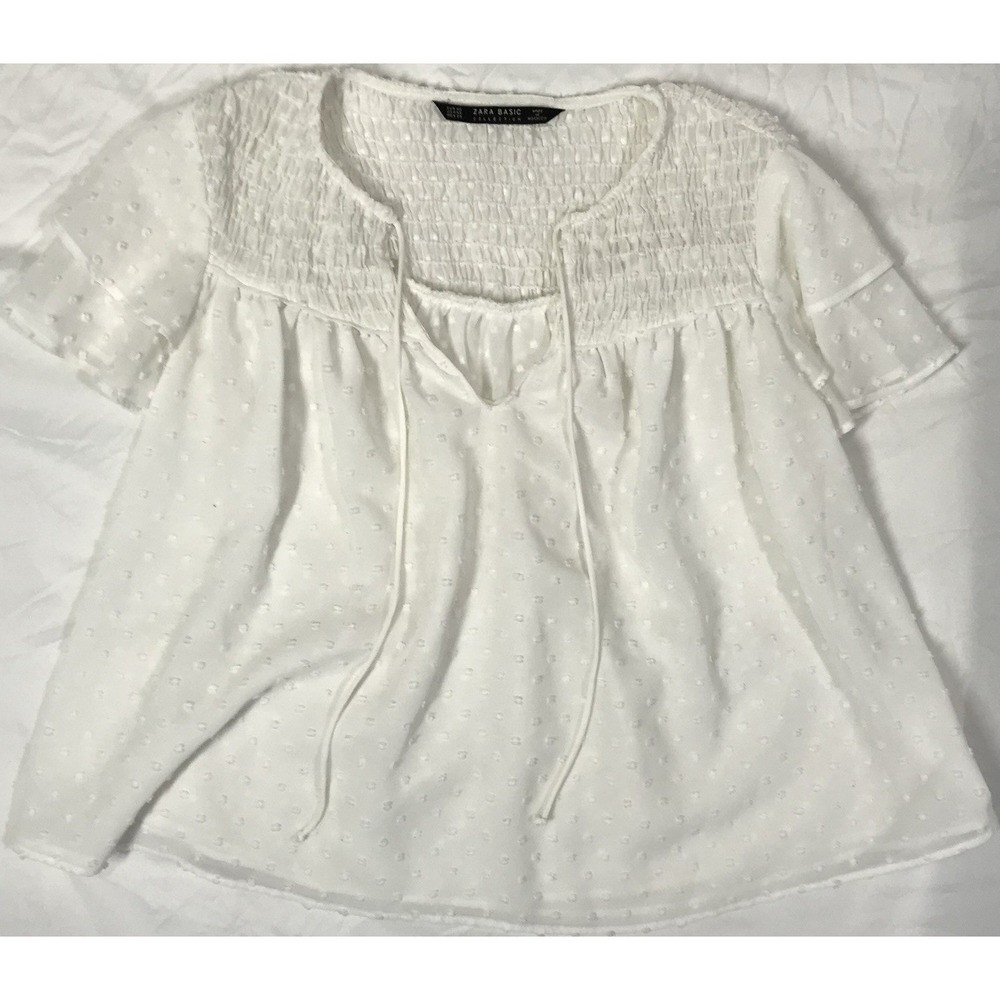 Zara Basic White Swiss Dot  Babydoll Ruffle Short Sleeve Tie Neck Blouse XS